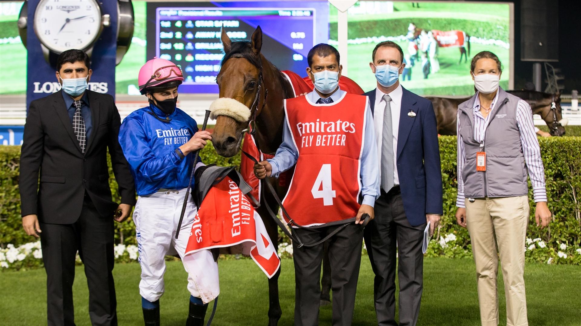 Star Safari(GB) (Charlie Appleby - William Buick) wins the Emirates SkyCargo, Handicap 2410m turf race, at the fourth Dubai World Cup Carnival on February 11, 2021. (Credit: Erika Rasmussen//DRC)