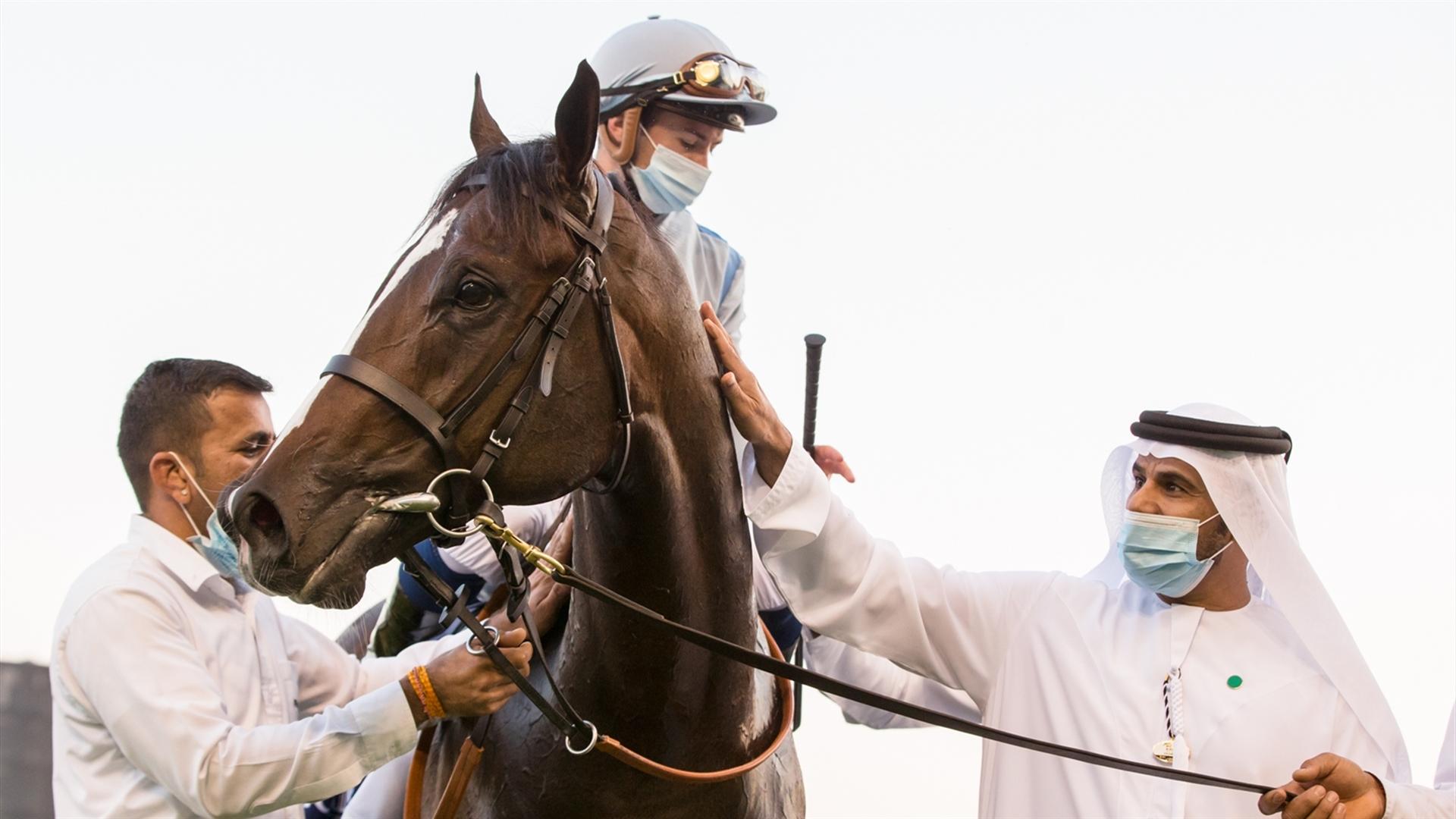Panadol (USA) (Salem bin Ghadayer - Mickael Barzalona) wins the Longines Spirit Collection Mile - 1600m race at the ninth Racing at Meydan meeting on February 13, 2021. (Credit:DRC//Erika Rasmussen)