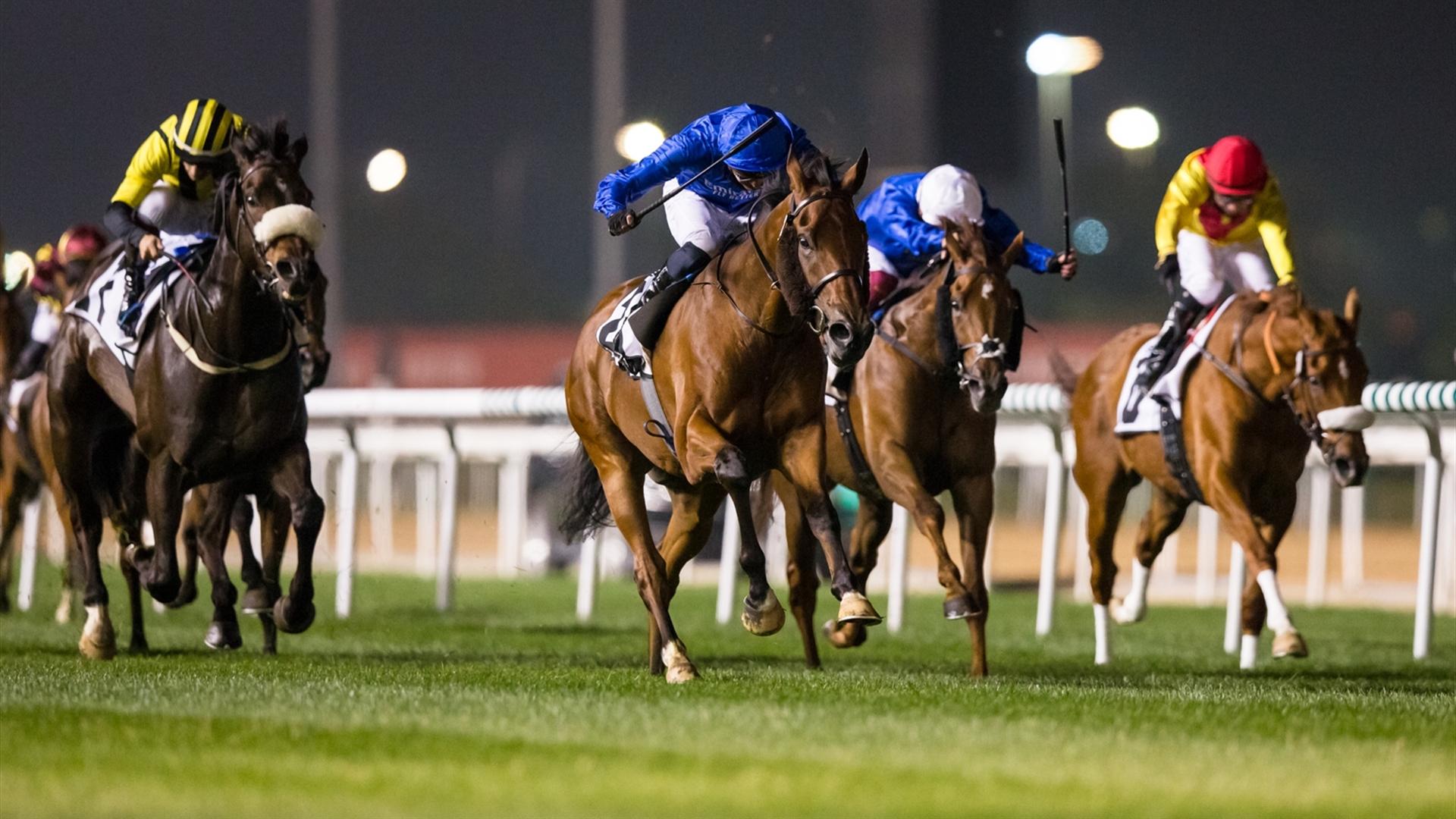 Bright Melody (IRE) (Charlie Appleby - James Doyle) wins the getthat.com, 1800m Handicap race at the Sixth Dubai World Cup Carnival on February 25, 2021. (Credit: Erika Rasmussen//Dubai Racing Club)