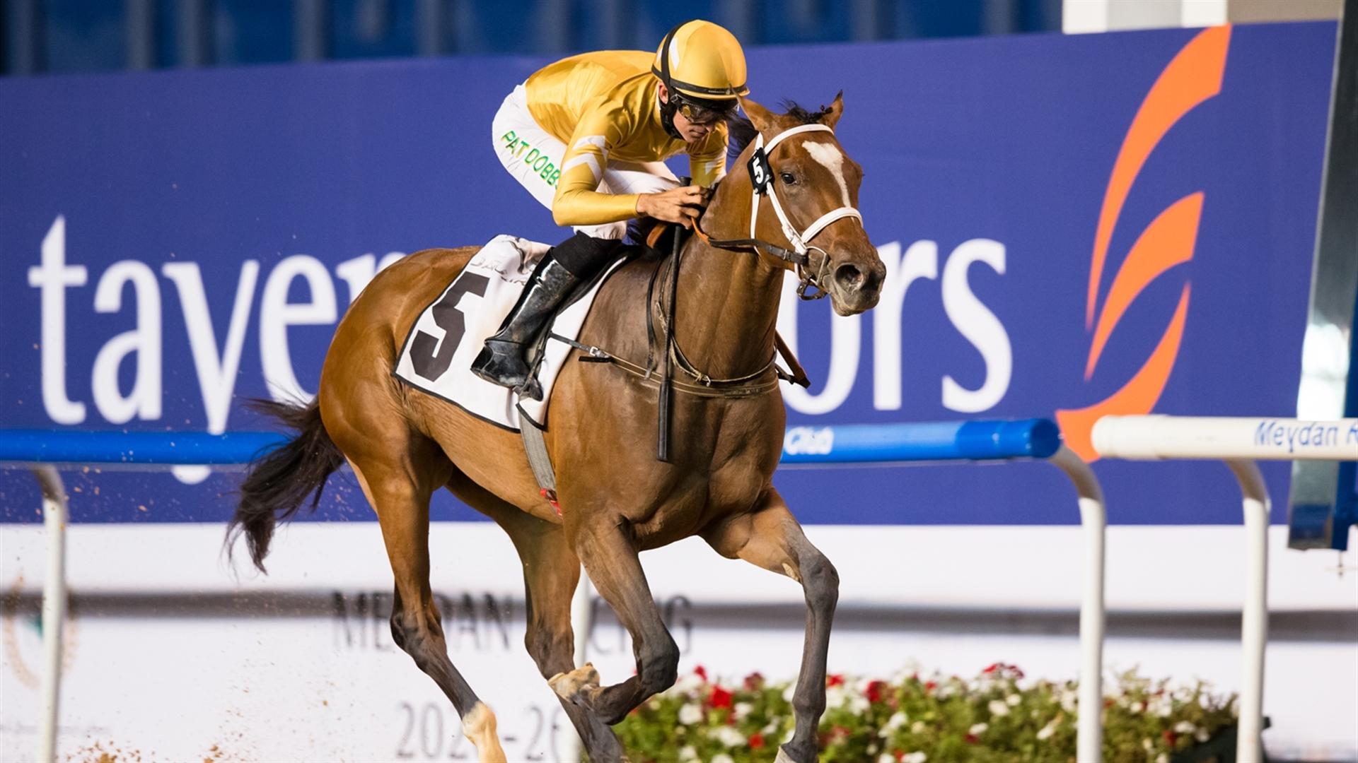 Mnasek (USA) (Doug Watson - Patrick Dobbs) wins the UAE Oaks Sponsored By New Jaguar F-Type at the Fifth Dubai World Cup Carnival on February 18, 2021. (Credit: Erika Rasmussen//Dubai Racing Club)
