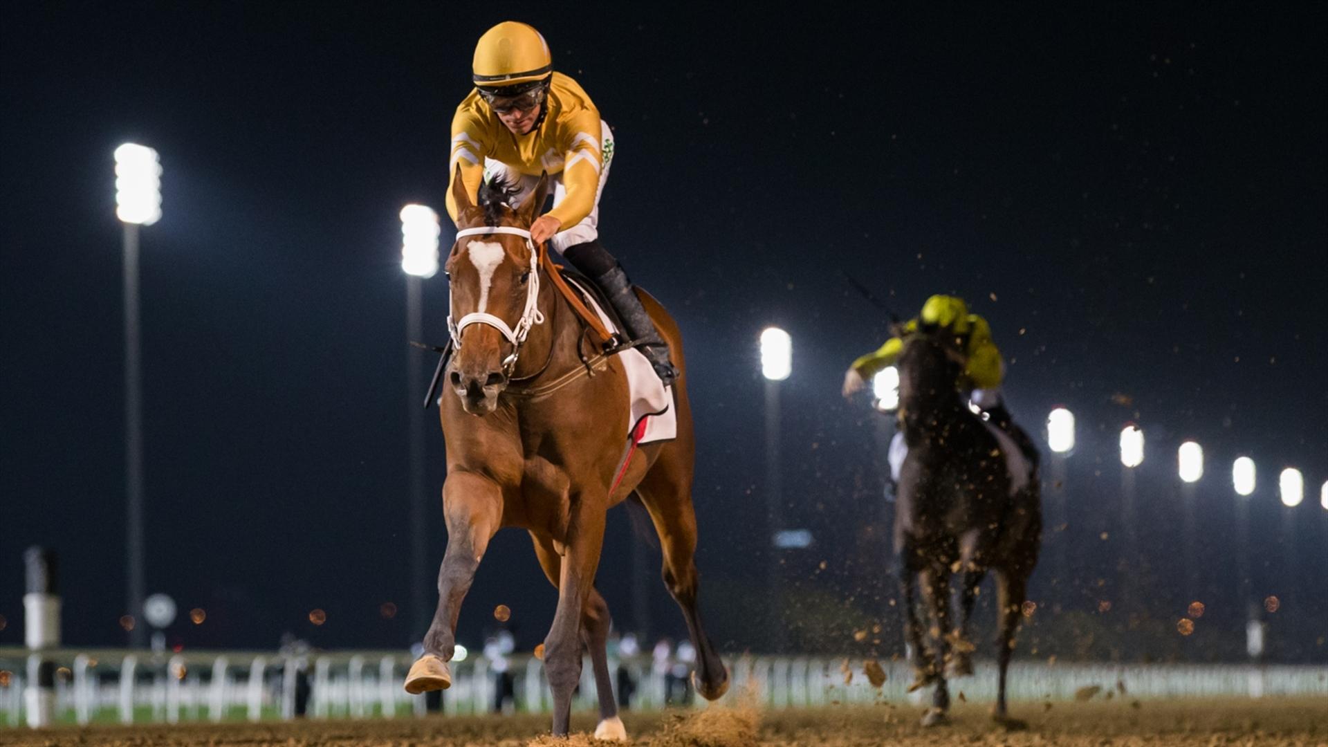 Mnasek (USA) (Doug Watson - Patrick Dobbs) wins the UAE Oaks Sponsored By New Jaguar F-Type at the Fifth Dubai World Cup Carnival on February 18, 2021. (Credit: Erika Rasmussen//Dubai Racing Club)