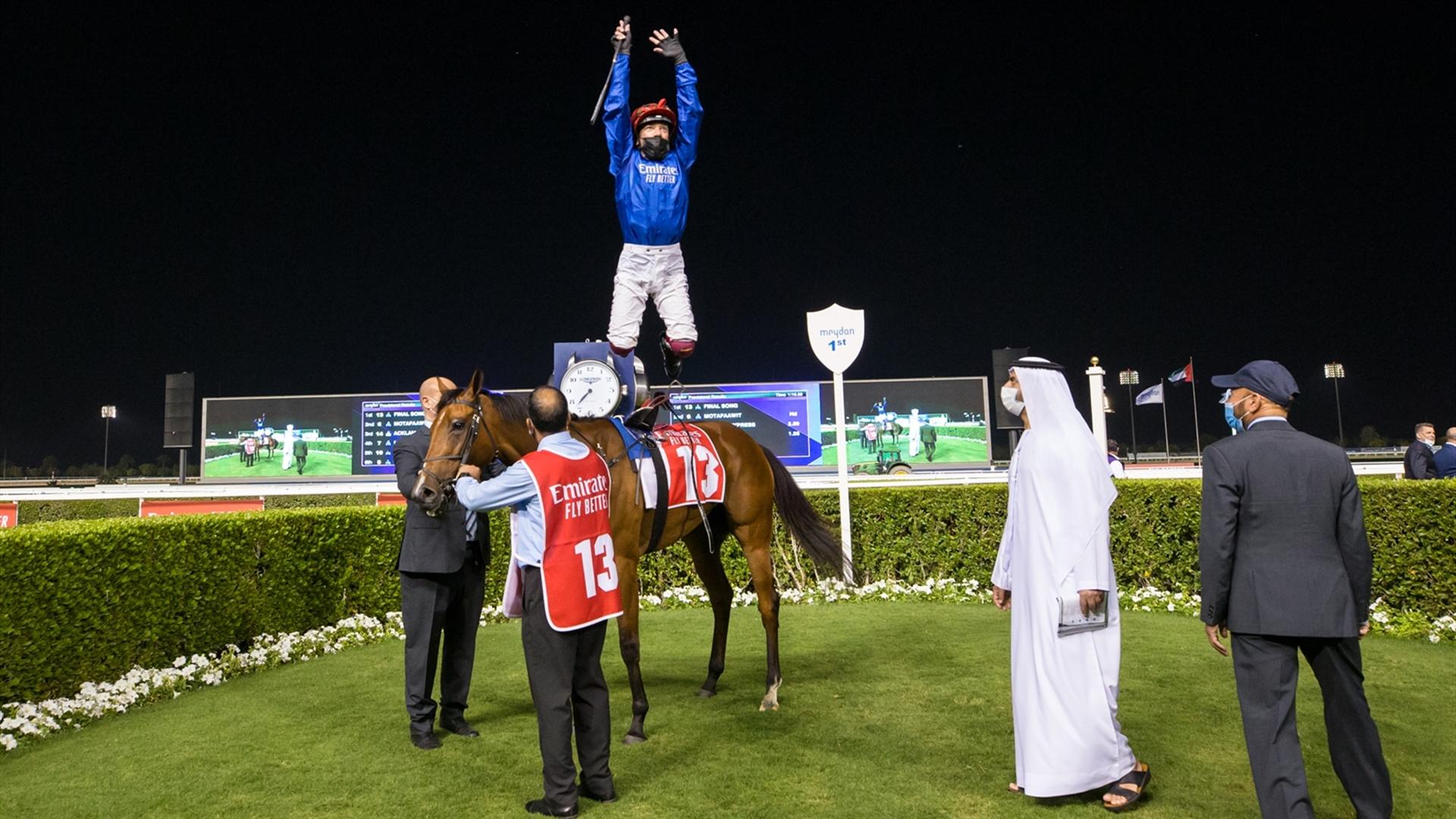 Final Song (IRE) (Saeed Bin Suroor-Lanfranco Dettori) wins the Nad Al Sheba Turf Sprint Sponsored By emirates.com, at the Super Saturday, seventh DWCC on March 06, 2021. (Credit: Erika Rasmussen//DRC)