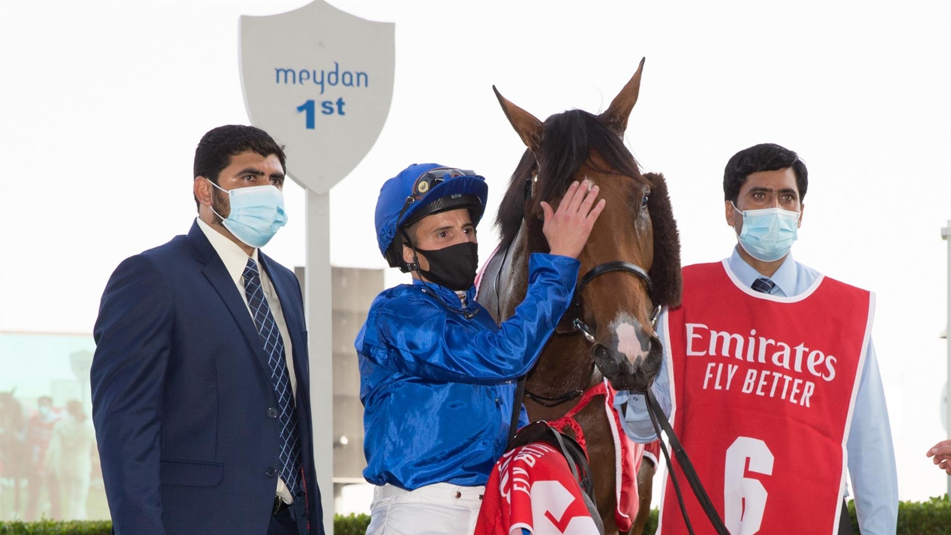 Walton Street (GB) (Charlie Appleby - William Buick) wins the Dubai City Of Gold Sponsored By Emirates Holidays race at the seventh DWCC on March 06, 2021. (Credit: Erika Rasmussen//DRC)