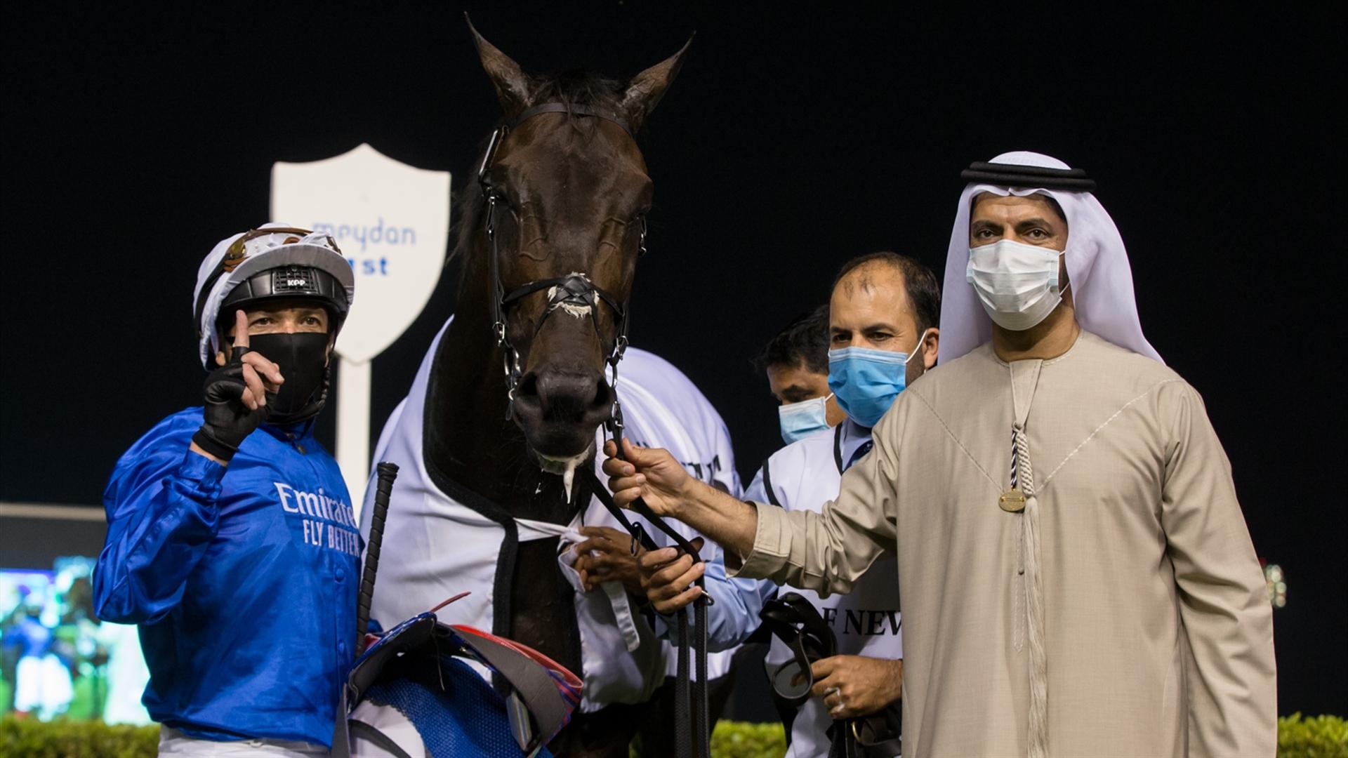 Volcanic Sky(GB)(Saeed bin Suroor-Lanfranco Dettori) wins the Nad Al Sheba Trophy Sponsored By Gulf News race at the Sixth Dubai World Cup Carnival on February 25, 2021. (Credit: Erika Rasmussen//DRC)