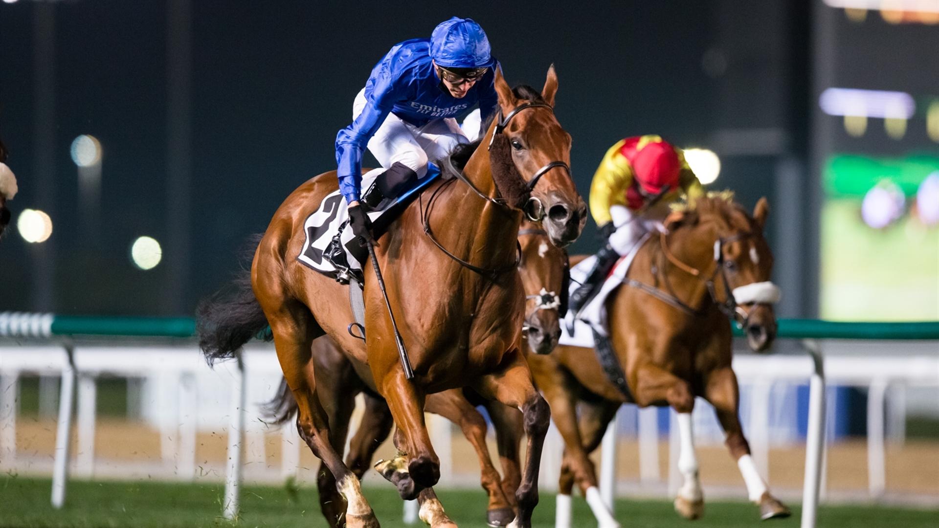 Bright Melody (IRE) (Charlie Appleby - James Doyle) wins the getthat.com, 1800m Handicap race at the Sixth Dubai World Cup Carnival on February 25, 2021. (Credit: Erika Rasmussen//Dubai Racing Club)