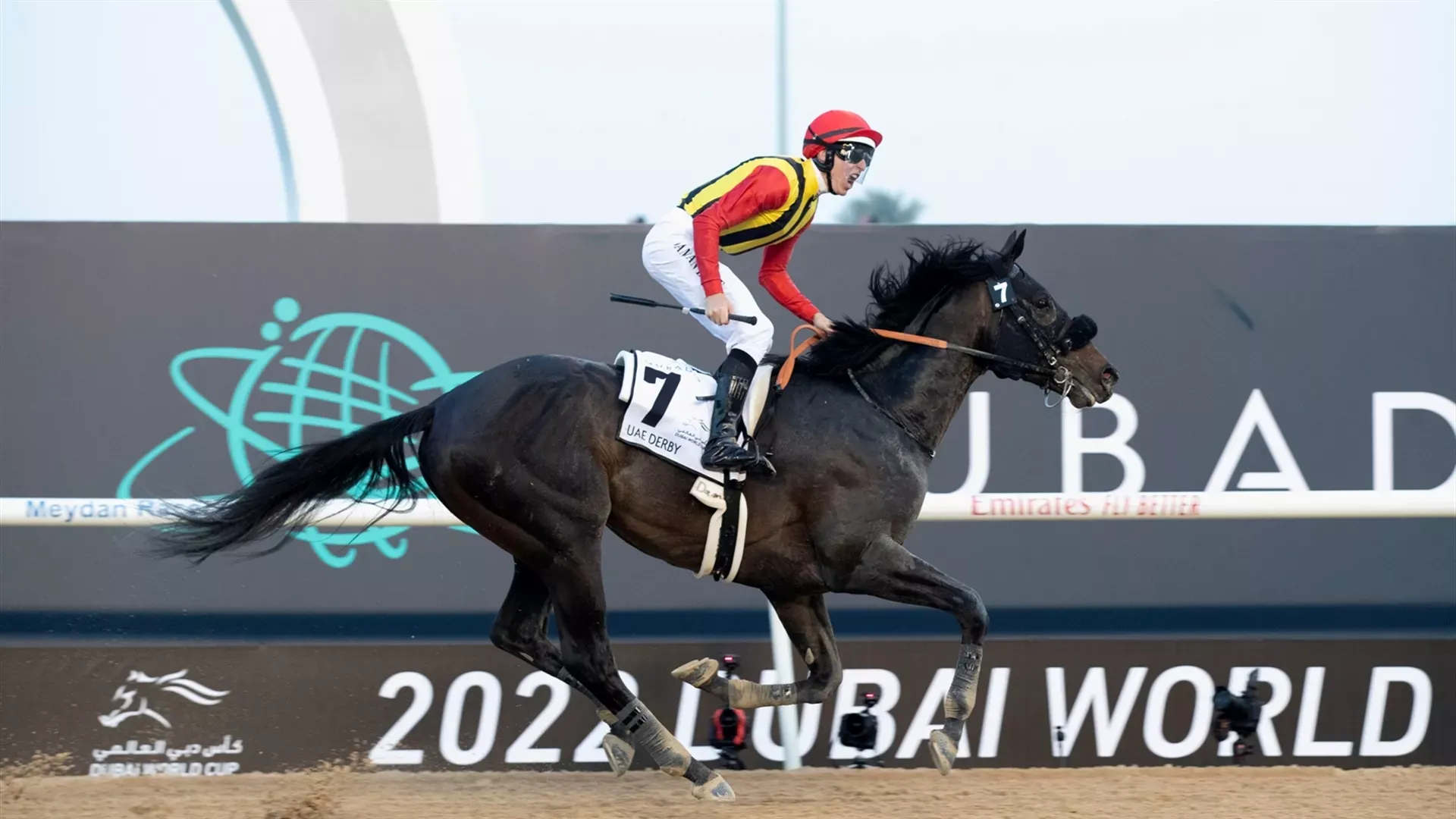Crown Pride (JPN) wins the UAE Derby (Credit - DRC)- 260322