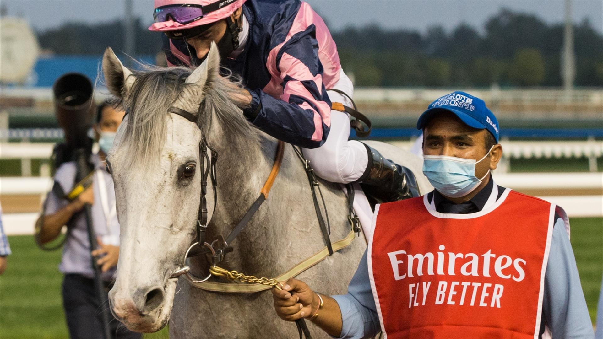 Salute the Soldier (GER) (Fawzi Nass-Adrie De Vries) wins the Al Maktoum Challenge R3 Sponsored By Emirates Airline at the Super Saturday, seventh DWCC on March 06, 2021. (Credit:Erika Rasmussen//DRC)