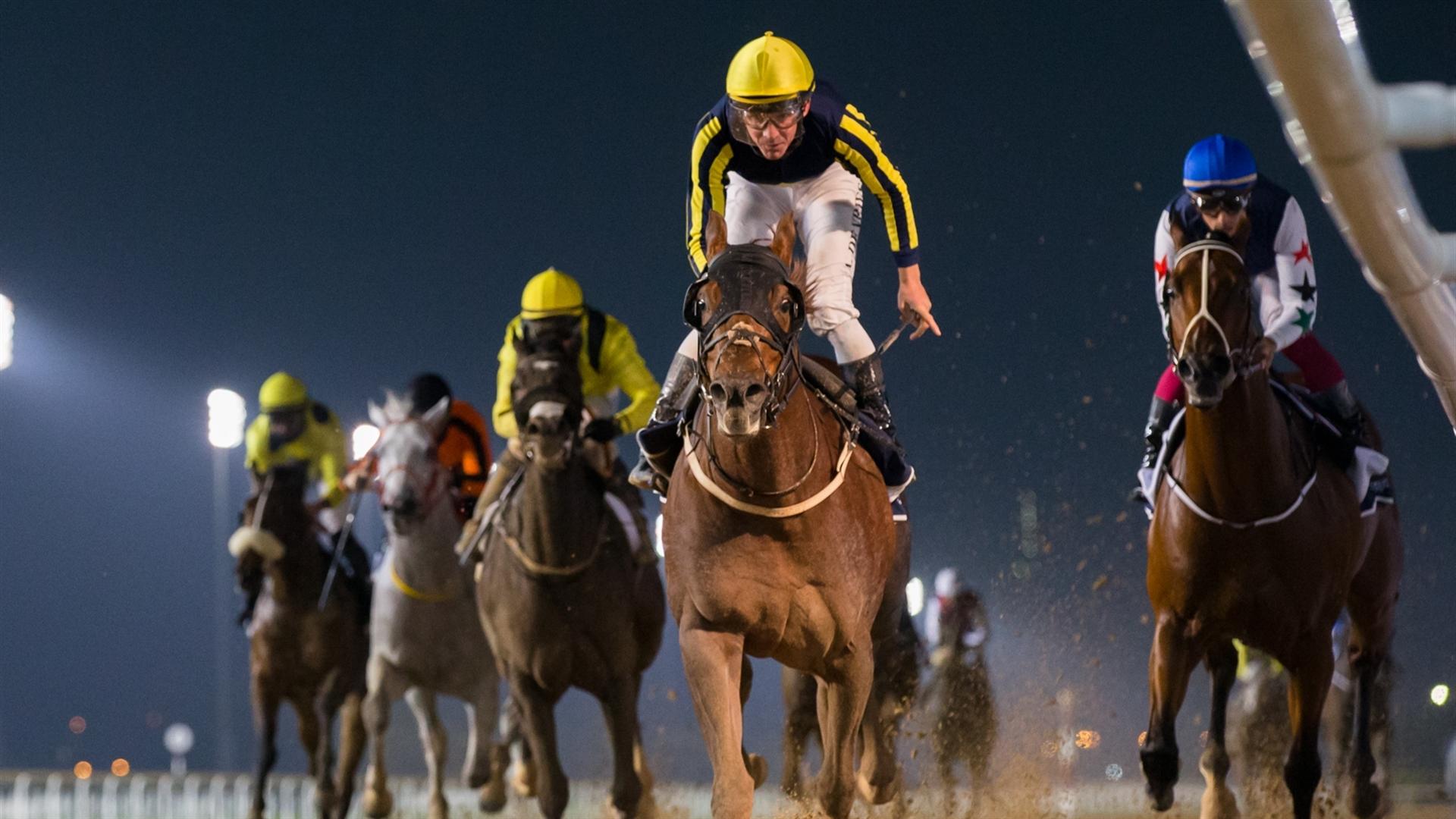 Madkhal (USA) (Fawzi Nass-Adrie De Vries) wins the Longines Spirit Collection Challenge, 1200m Handicap race at the ninth Racing at Meydan meeting on February 13, 2021. (Credit:DRC// Erika Rasmussen)