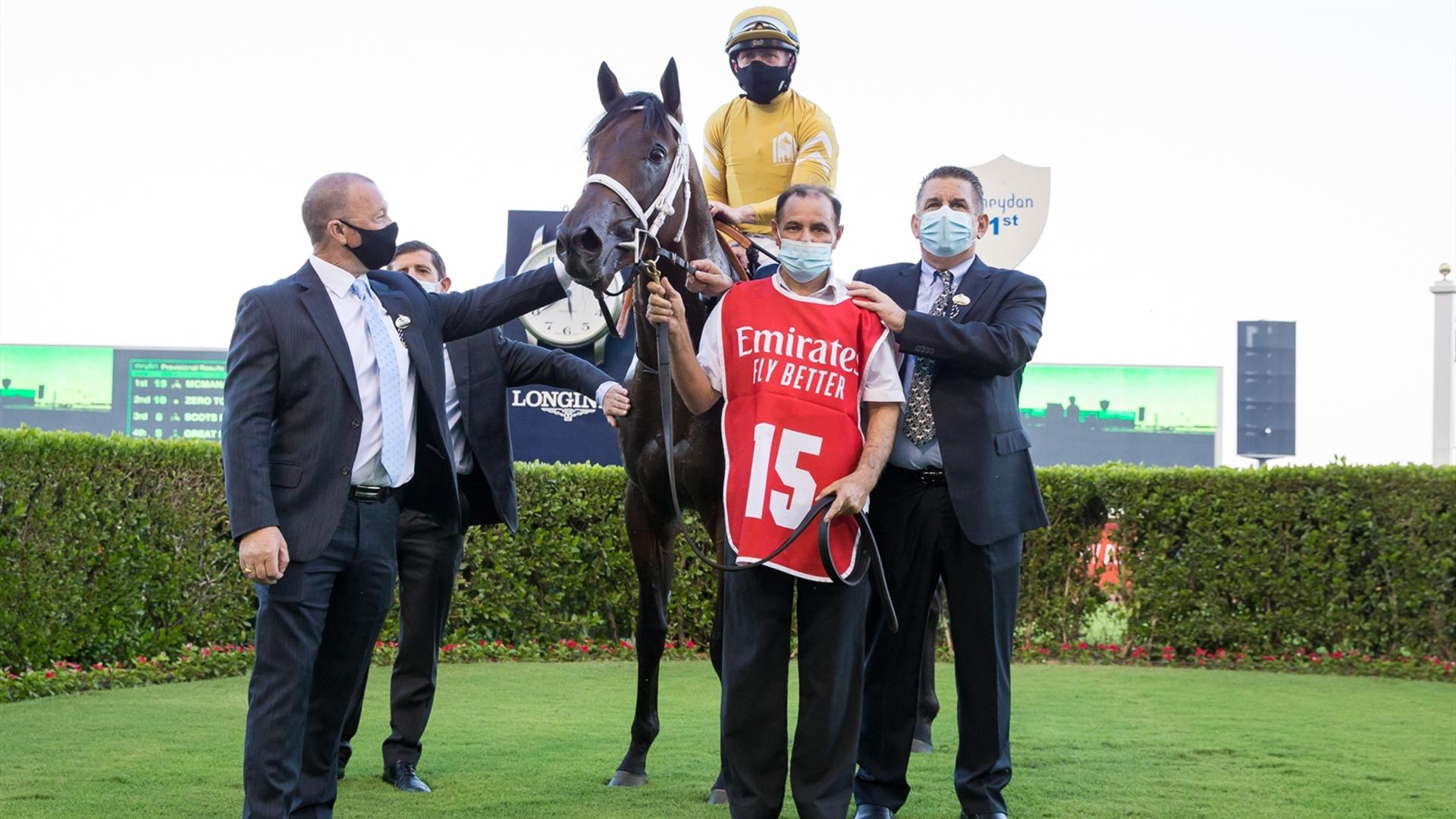 McManaman (IRE) (Doug Watson - Sam Hitchott) wins the Emirates Stakes Sponsored By Emirates Airline race at the Eleventh Racing at Meydan meeting on April 8, 2021. (Credit: DRC // Erika Rasmussen)
