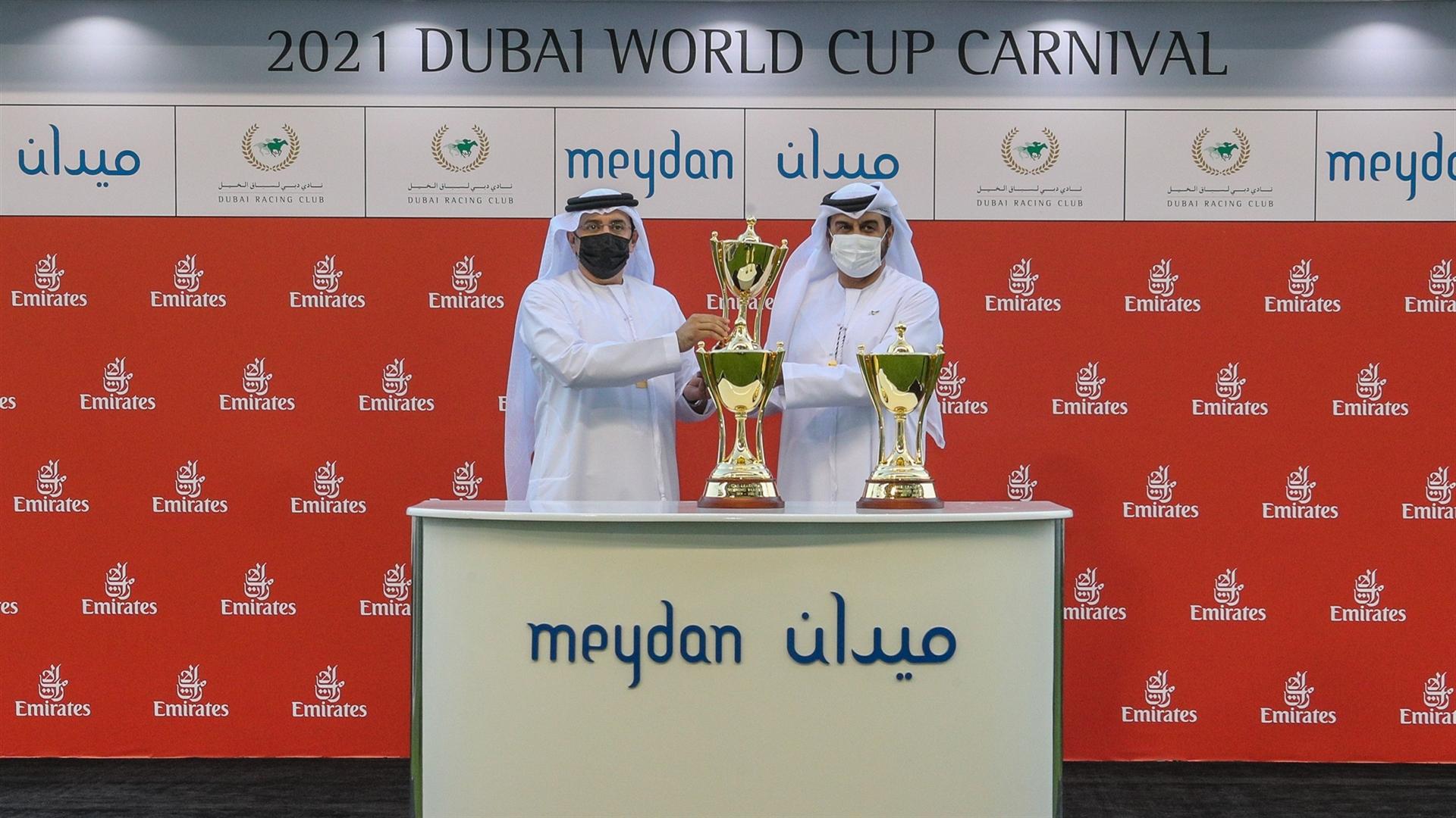 Khalid Al Nabooda accepts the trophy from Mr.Mohammed Ahmed bin Abdulaziz Al Shehhi, Vice Chairman, Dubai Racing Club for the ERA 19-20 Leading Owner Award at the 7th DWCC on Mar 06, 2021.(Credit:DRC)