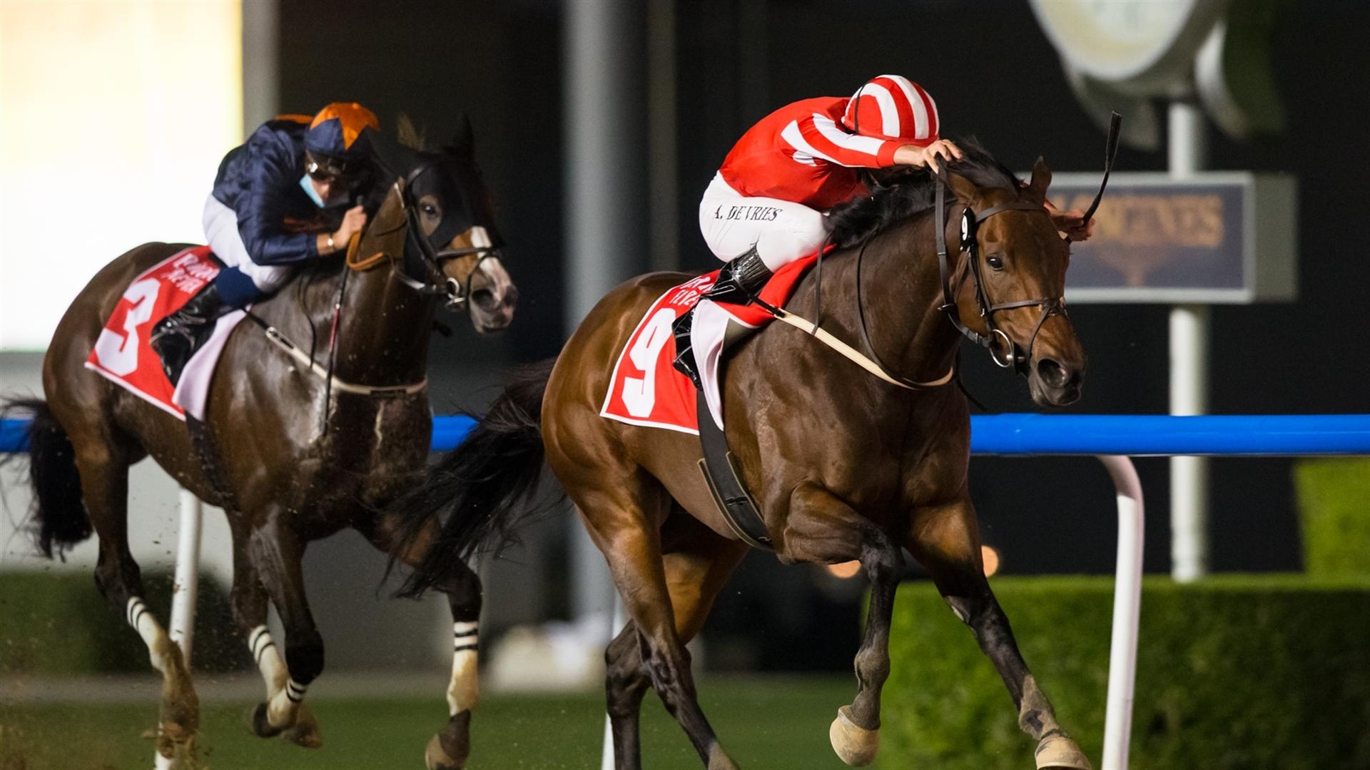 Salute The Soldier (GER) wins the Group 2, 1900m, Al Maktoum Challenge (Round 2) Sponsored By Emirates Airline at the fourth DWCC on February 11, 2021. (Credit: Erika Rasmussen//Dubai Racing Club)
