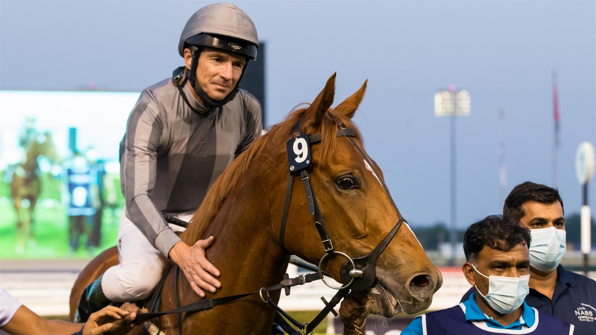 Mayehaab (GB) (Fawzi Nass - Adrie De Vries) wins the Longines Spirit Collection Turf  - 1400m, race at the ninth Racing at Meydan meeting on February 13, 2021. (Credit: DRC // Erika Rasmussen)