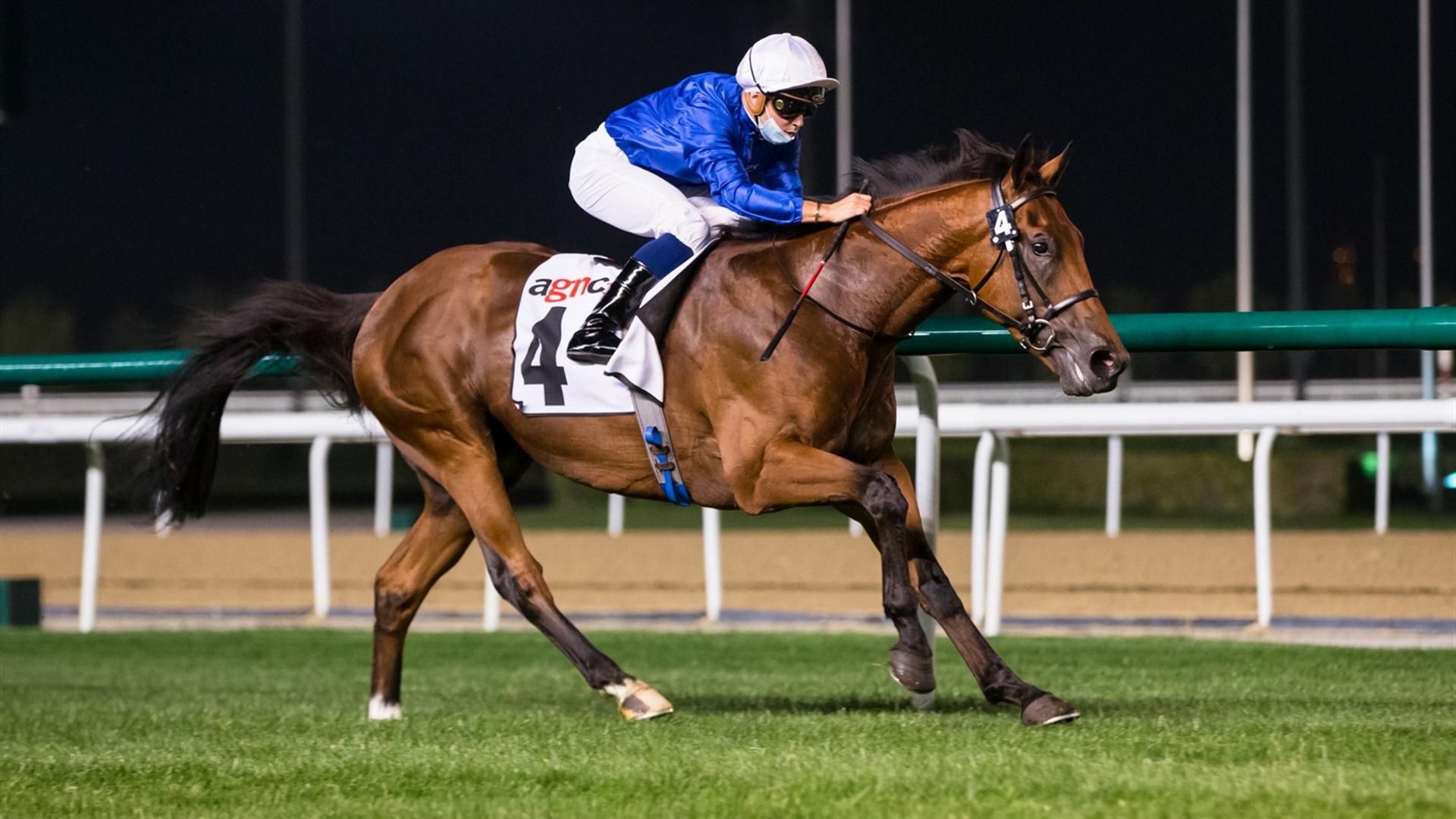 Naval Crown (GB) (Charlie Appleby-Mickael Barzalona) the Meydan Classic Sponsored By agnc3, Listed, 1600m race at the Sixth Dubai World Cup Carnival on February 25, 2021.(Credit:Erika Rasmussen//DRC)