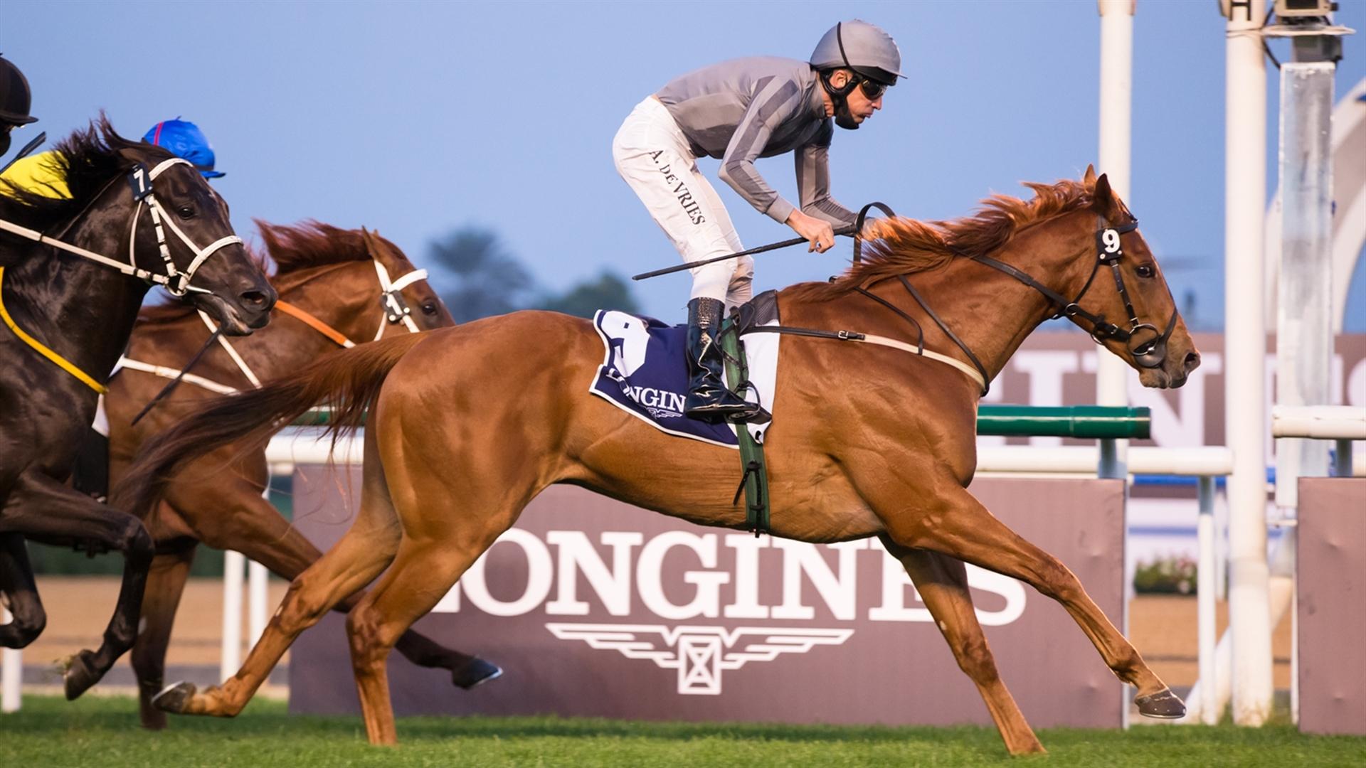 Mayehaab (GB) (Fawzi Nass - Adrie De Vries) wins the Longines Spirit Collection Turf  - 1400m, race at the ninth Racing at Meydan meeting on February 13, 2021. (Credit: DRC // Erika Rasmussen)