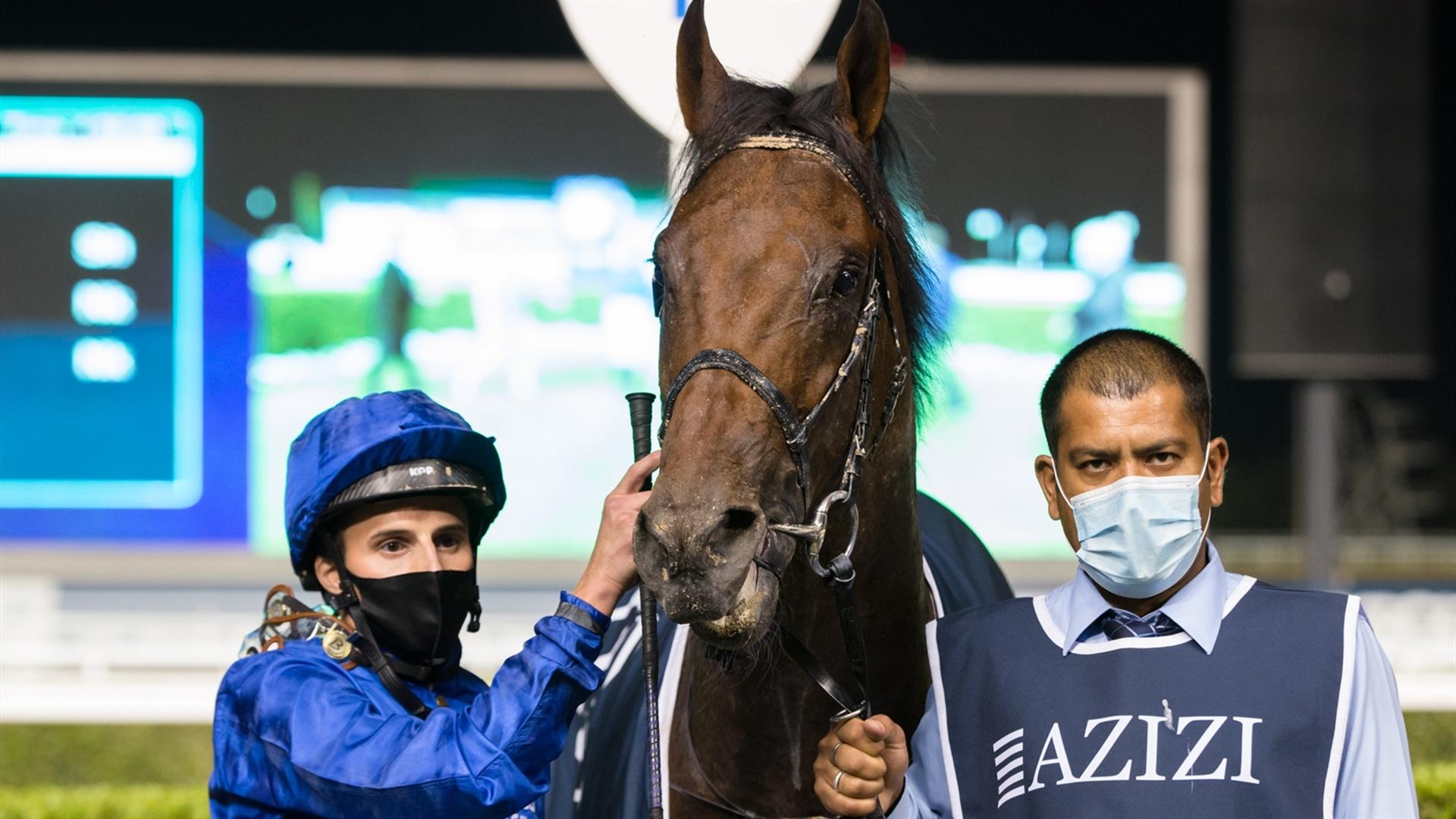 Desert Peace (USA) (Charlie Appleby - William Buick) wins the Creek Views By Azizi race, at the tenth Racing at Meydan meeting on March 11, 2021. (Credit: Dubai Racing Club // Erika Rasmussen)