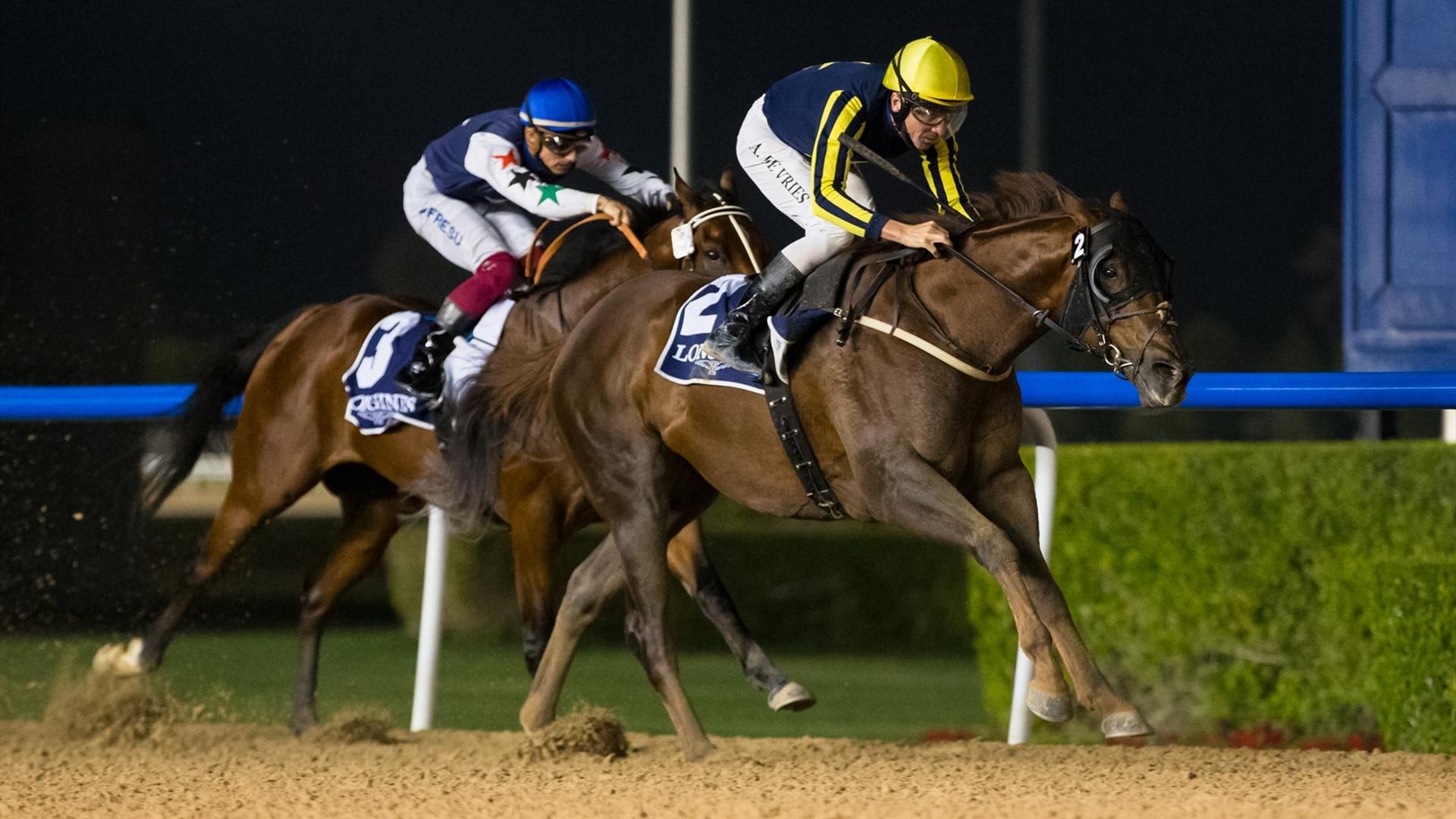Madkhal (USA) (Fawzi Nass-Adrie De Vries) wins the Longines Spirit Collection Challenge, 1200m Handicap race at the ninth Racing at Meydan meeting on February 13, 2021. (Credit:DRC// Erika Rasmussen)