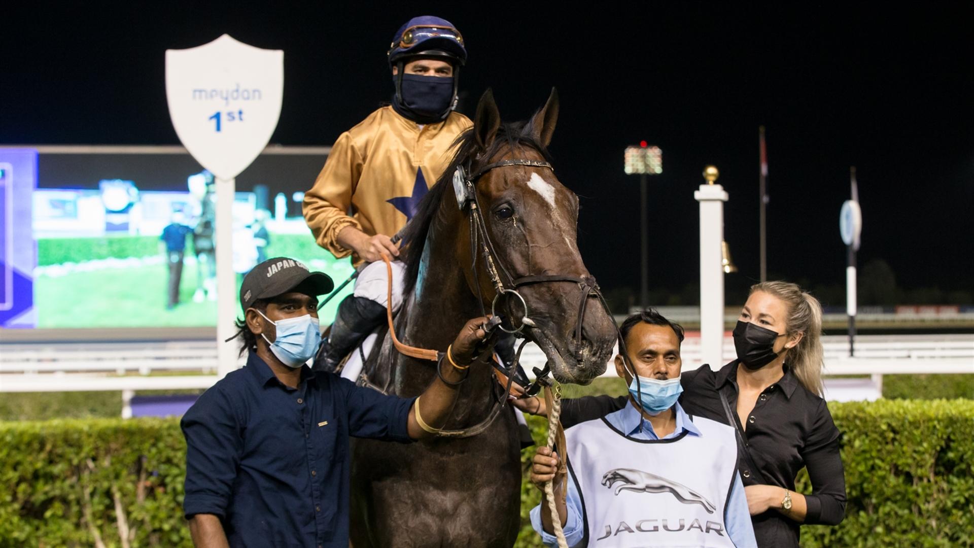 New Trails (USA) (Ahmad bin Harmash - Fernando Jara) wins the Curlin Stakes Sponsored By New Jaguar F-Pace at the Fifth Dubai World Cup Carnival on February 18, 2021. (Credit: Erika Rasmussen//DRC)