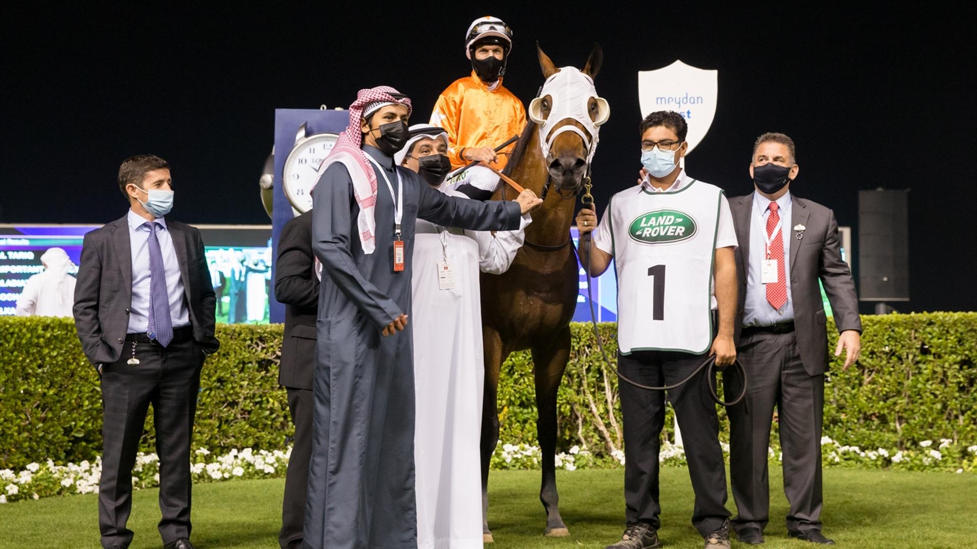 Al Tariq (FR) (Doug Watson - Patrick Dobbs) wins the Al Shindagha Sprint Sponsored By New Land Rover Defender at the Fifth Dubai World Cup Carnival on February 18, 2021. (Credit: Erika Rasmussen//DRC)