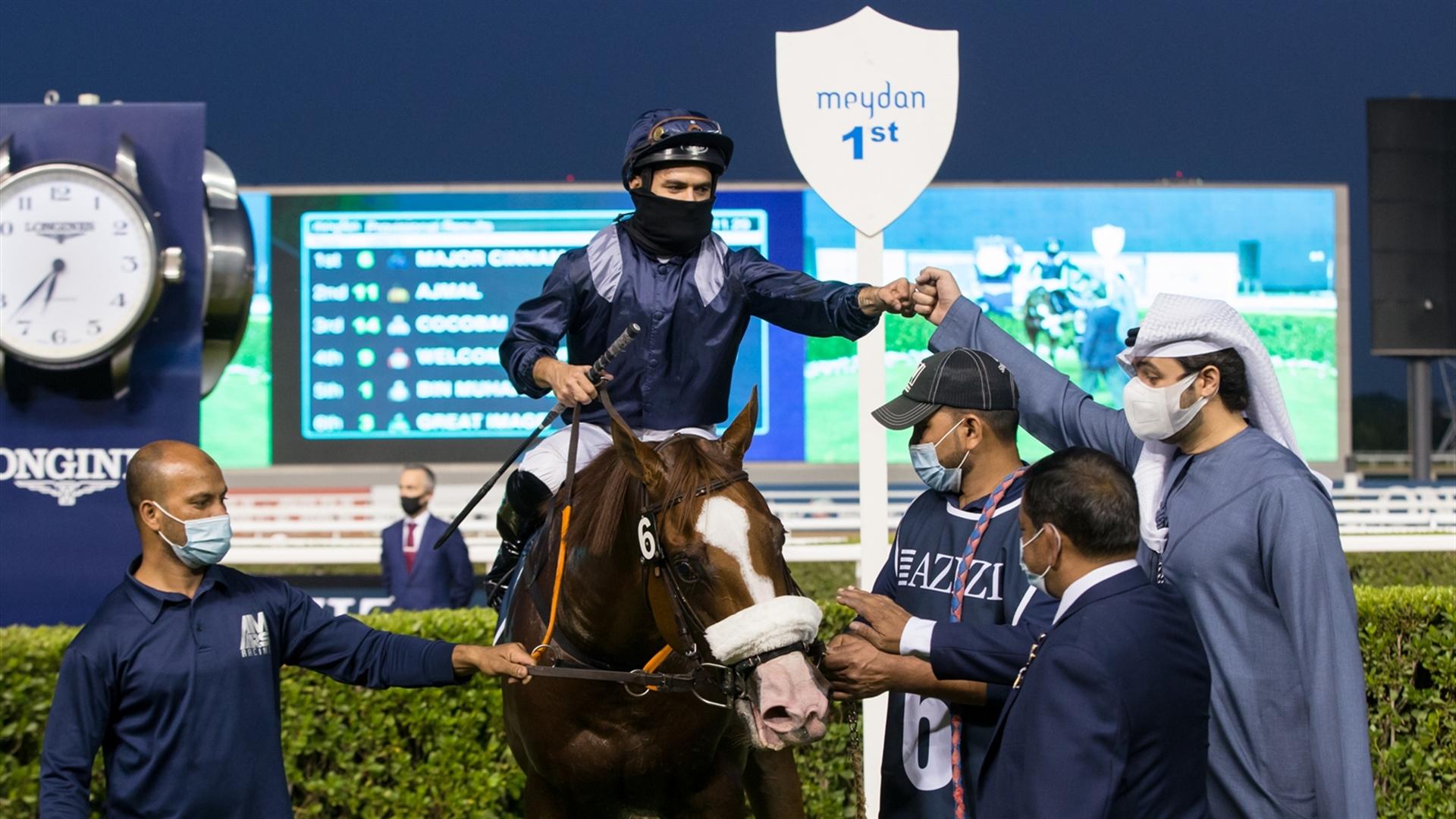 Major Cinnamon USA (Mujeeb Rahman - Fernando Jara) wins the Berton By Azizi - 1200m, dirt race at the tenth Racing at Meydan meeting on March 11, 2021. (Credit: Dubai Racing Club // Erika Rasmussen)