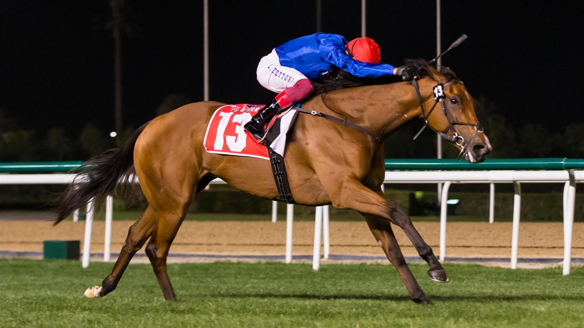 Final Song (IRE) (Saeed Bin Suroor-Lanfranco Dettori) wins the Nad Al Sheba Turf Sprint Sponsored By emirates.com, at the Super Saturday, seventh DWCC on March 06, 2021. (Credit: Erika Rasmussen//DRC)