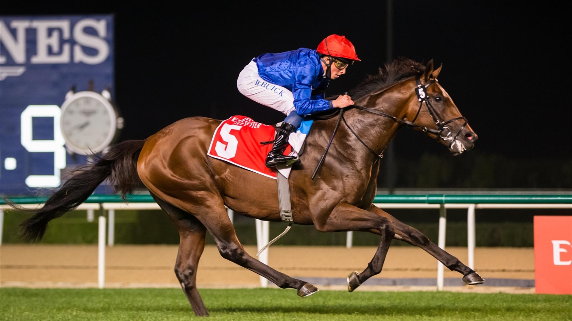 Secret Protector (USA) (Charlie Appleby - William Buick) wins the Meydan Trophy Sponsored By Emirates Holidays, Conditions race at the fourth DWCC on February 11, 2021. (Credit: Erika Rasmussen//DRC)