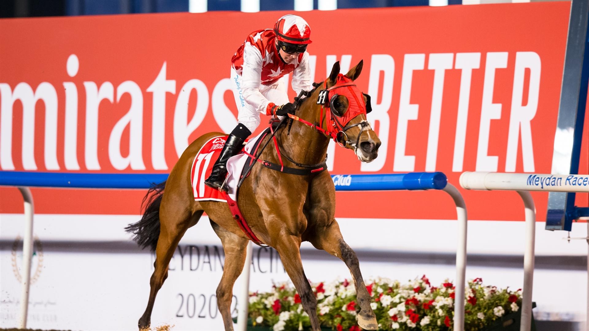 RB Money To Burn (US)(Eric Lemartinel - Tadhg O'Shea) wins the Mazrat Al Ruwayah Sponsored By Arabian Adventures at the fourth DWCC on February 11, 2021. (Credit: Erika Rasmussen//DRC))