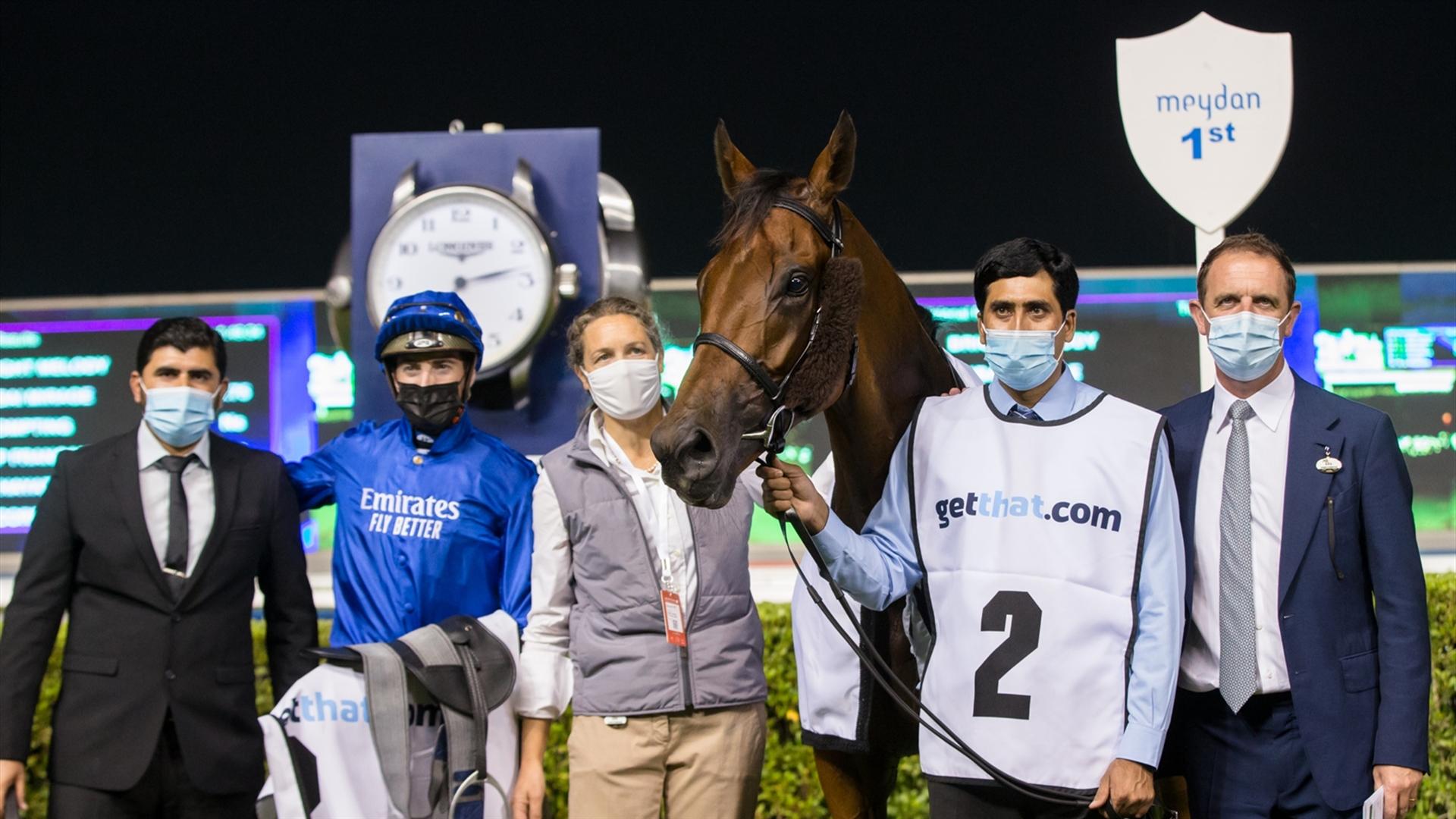 Bright Melody (IRE) (Charlie Appleby - James Doyle) wins the getthat.com, 1800m Handicap race at the Sixth Dubai World Cup Carnival on February 25, 2021. (Credit: Erika Rasmussen//Dubai Racing Club)