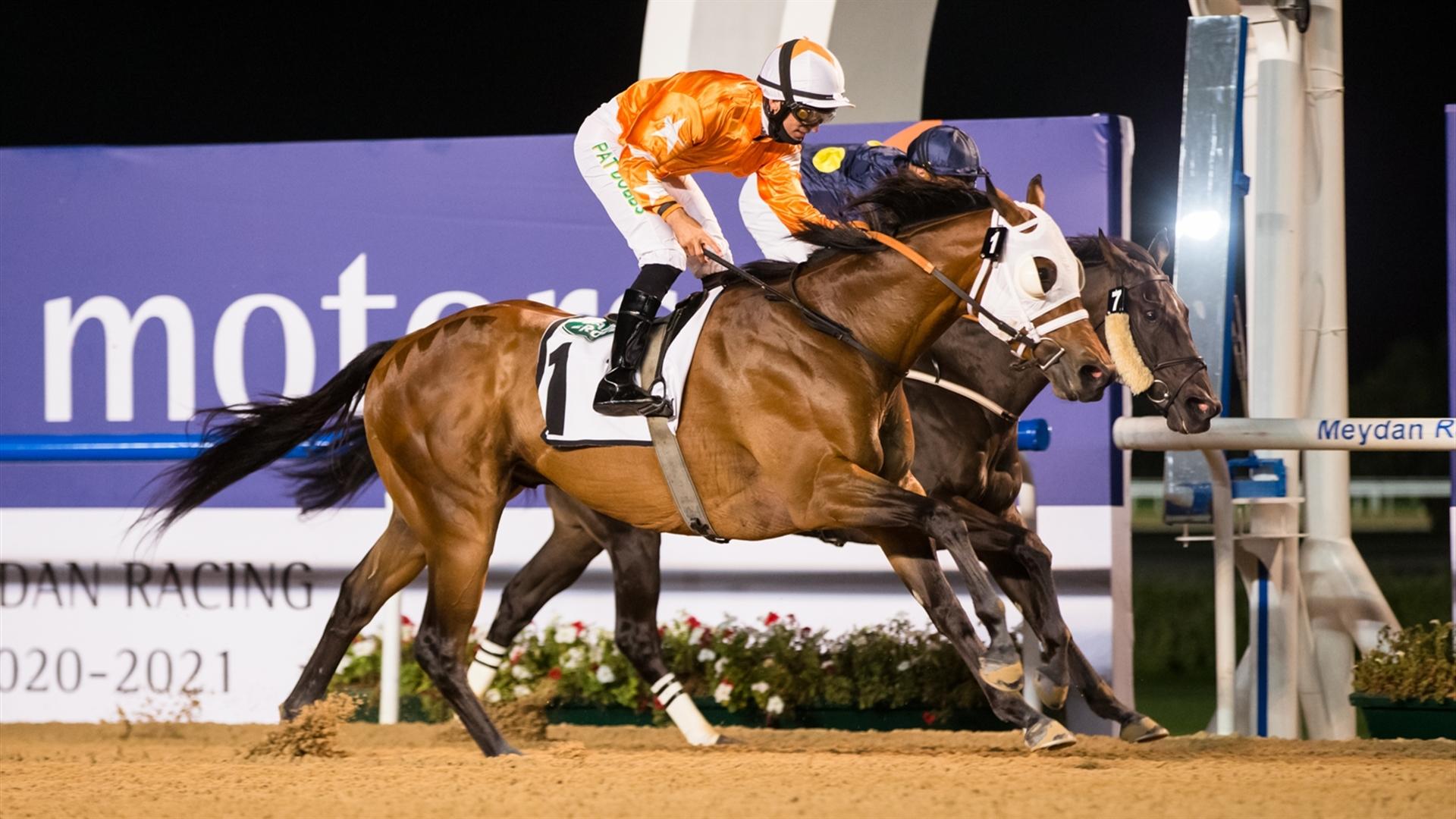 Al Tariq (FR) (Doug Watson - Patrick Dobbs) wins the Al Shindagha Sprint Sponsored By New Land Rover Defender at the Fifth Dubai World Cup Carnival on February 18, 2021. (Credit: Erika Rasmussen//DRC)