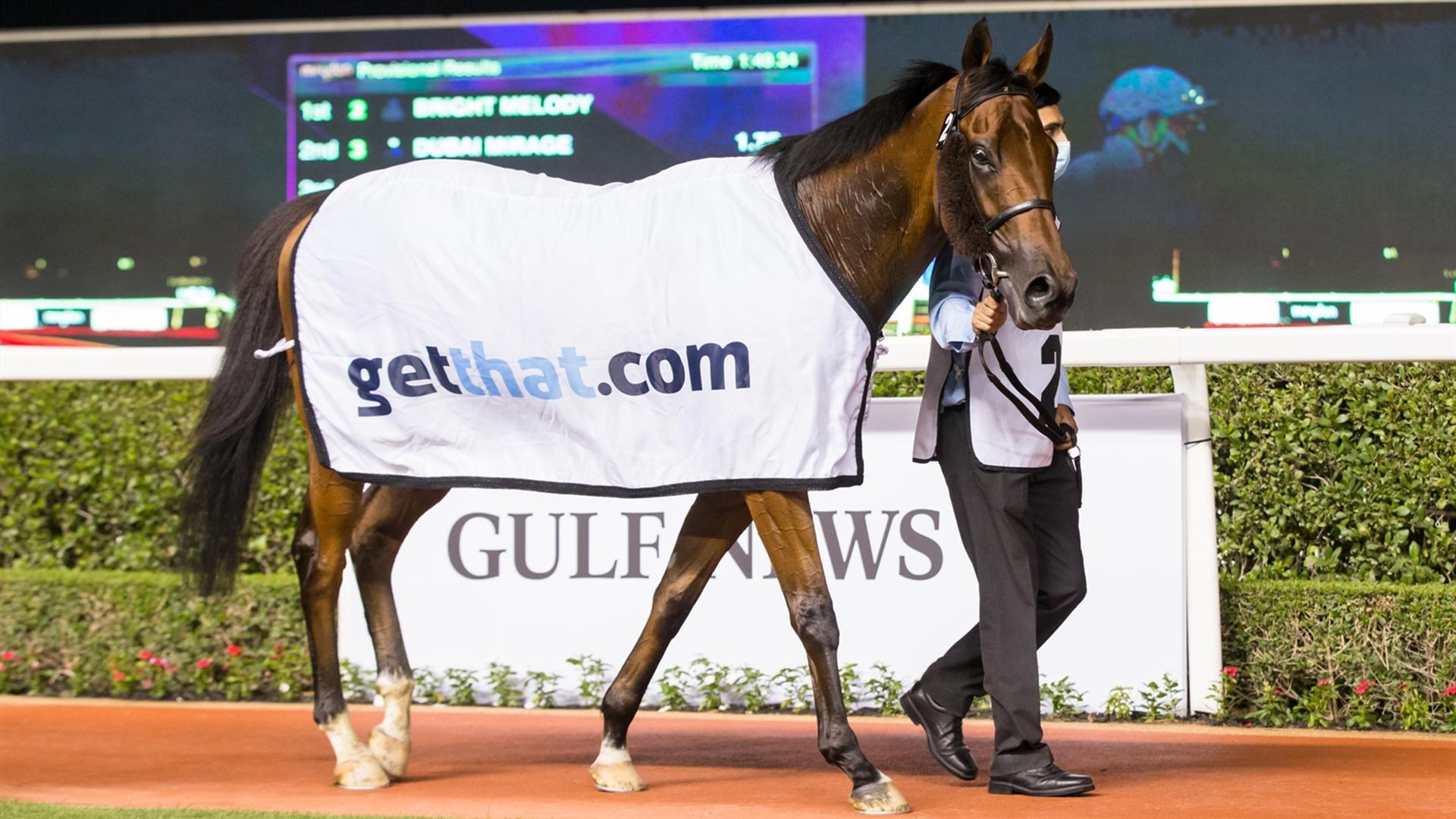 Bright Melody (IRE) (Charlie Appleby - James Doyle) wins the getthat.com, 1800m Handicap race at the Sixth Dubai World Cup Carnival on February 25, 2021. (Credit: Erika Rasmussen//Dubai Racing Club)