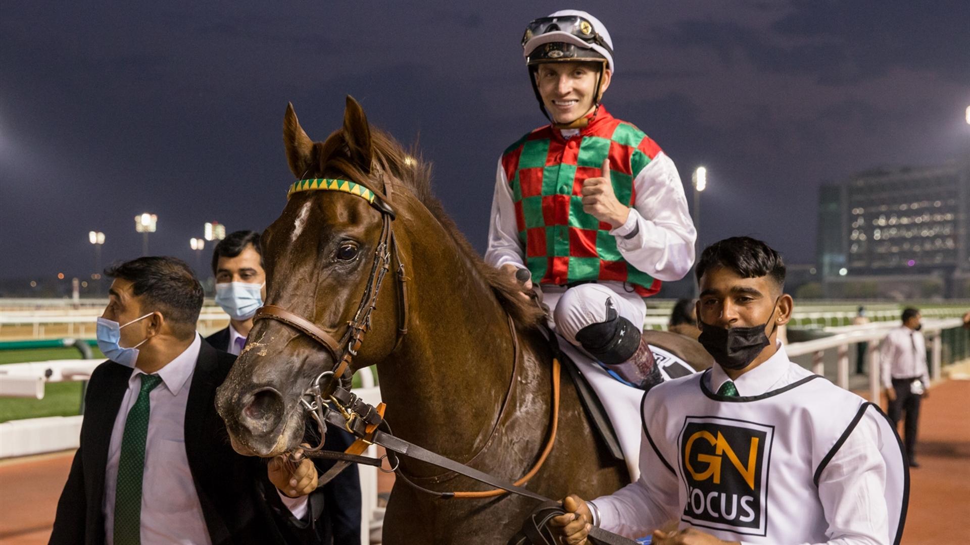 Brraq (FR) (Jean-Claude Pecout - Ryan Curatolo) wins the PA, Al Maktoum Challenge R3 Sponsored By gnfocus, race at the Sixth Dubai World Cup Carnival on February 25, 2021.(Credit:Erika Rasmussen//DRC)
