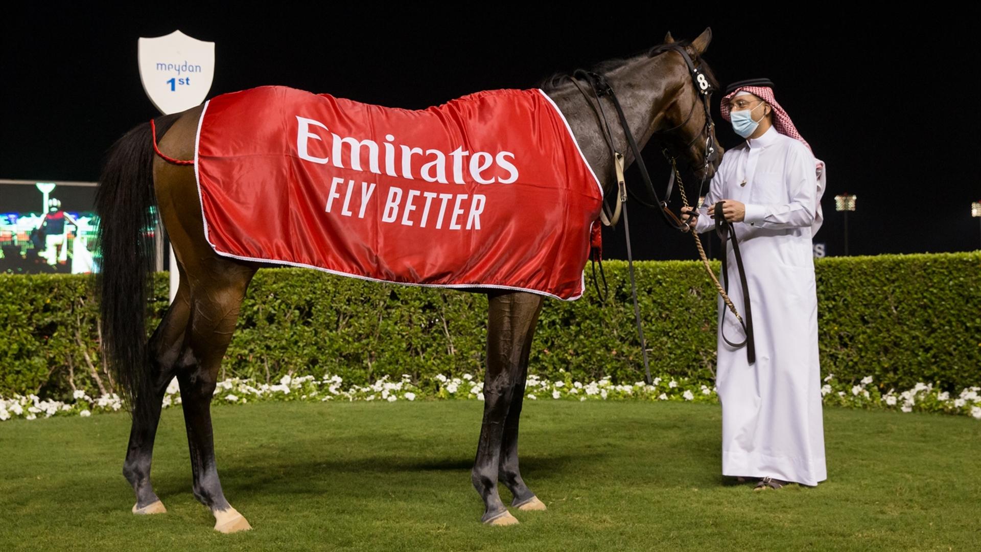 Salute the Soldier (GER)(Fawzi Nass-Adrie De Vries) wins the Al Maktoum Challenge R3 Sponsored By Emirates Airline at the Super Saturday, seventh DWCC on March 06, 2021. (Credit: Erika Rasmussen//DRC)