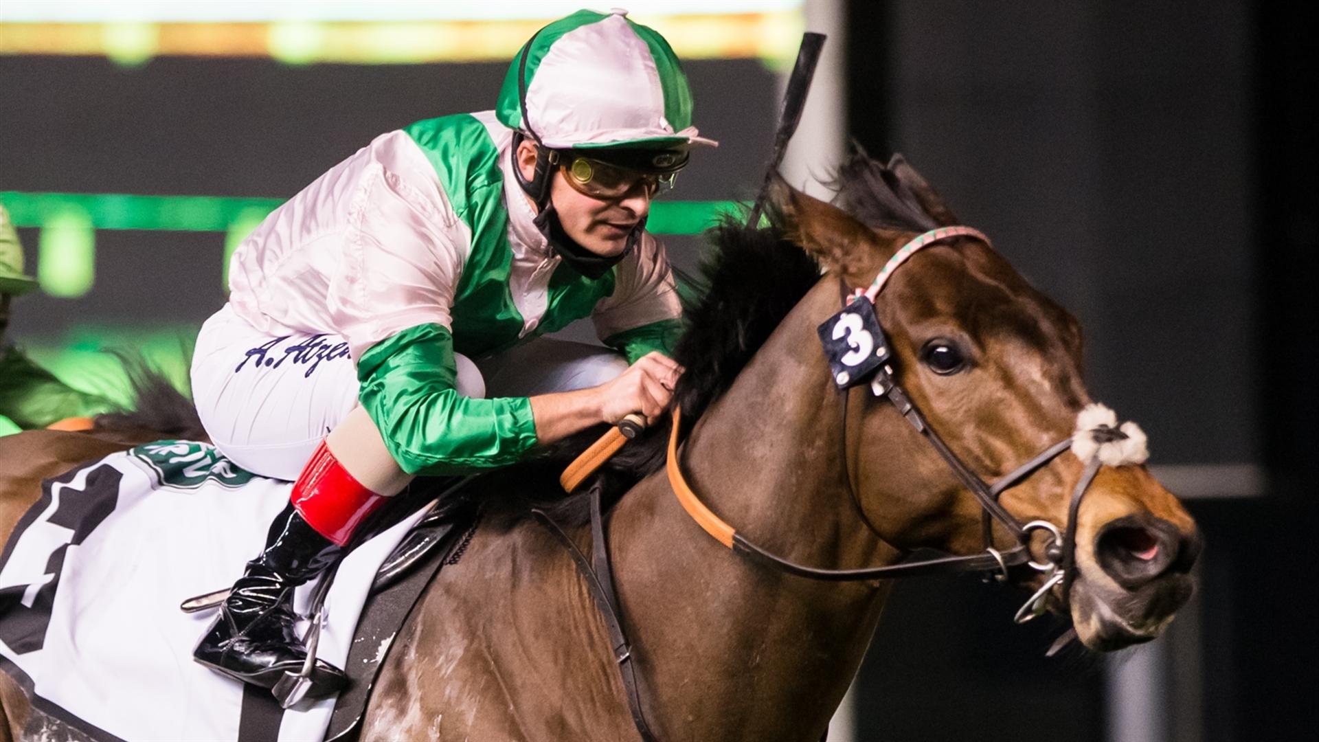 Equilateral(GB) (Charles Hills-Andrea Atzeni) wins the Meydan Sprint Sponsored By Land Rover, Group 2 race at the Fifth Dubai World Cup Carnival on February 18, 2021. (Credit: Erika Rasmussen//DRC)