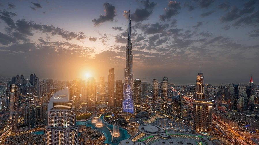 Dubai skyline at golden hour sunset