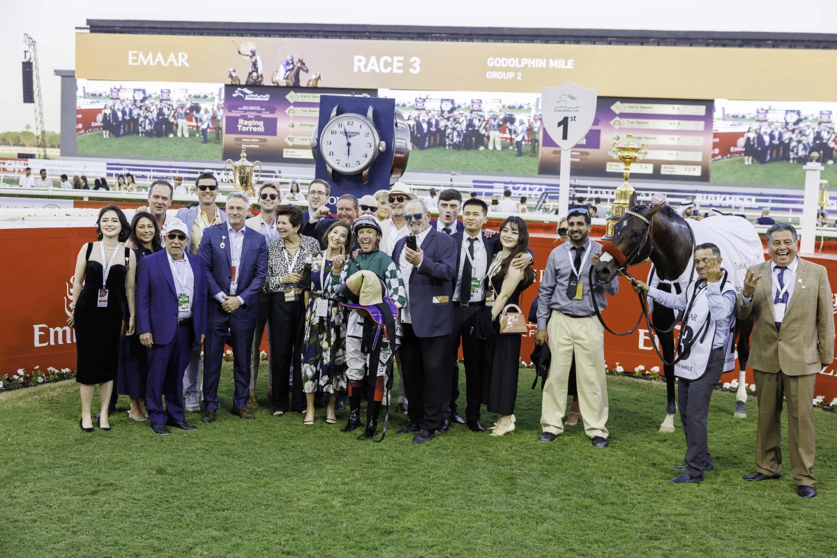 RAGING TORRENT (USA) wins the Godolphin Mile (Credit - DRC) – 05042025