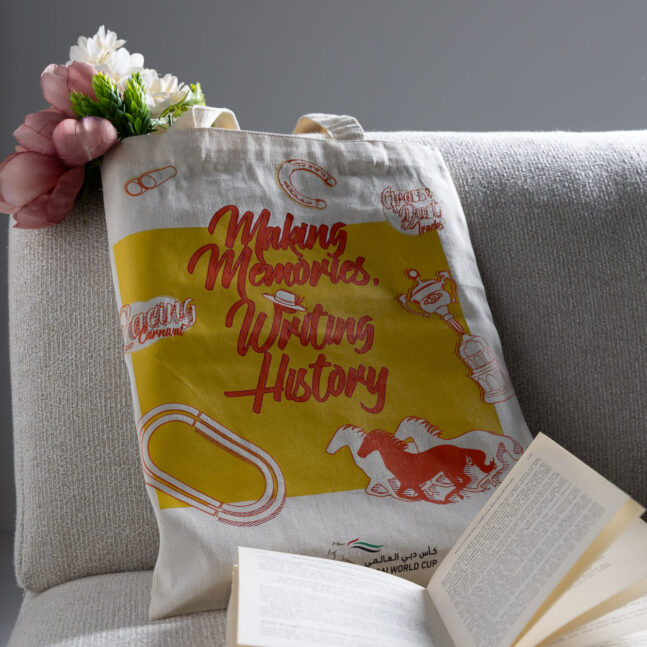 Colorful tote bag on a couch