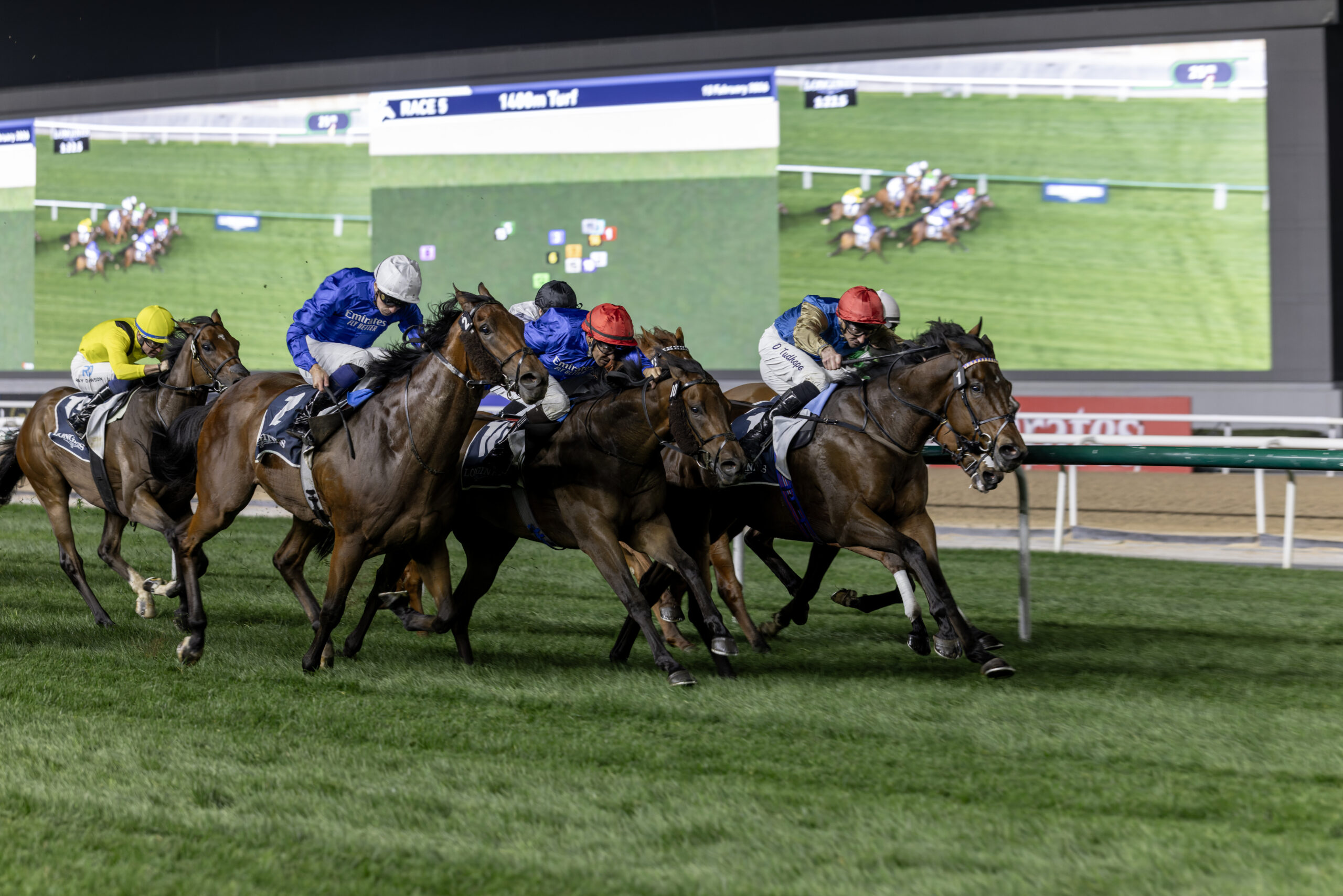 Horses racing on a turf track.