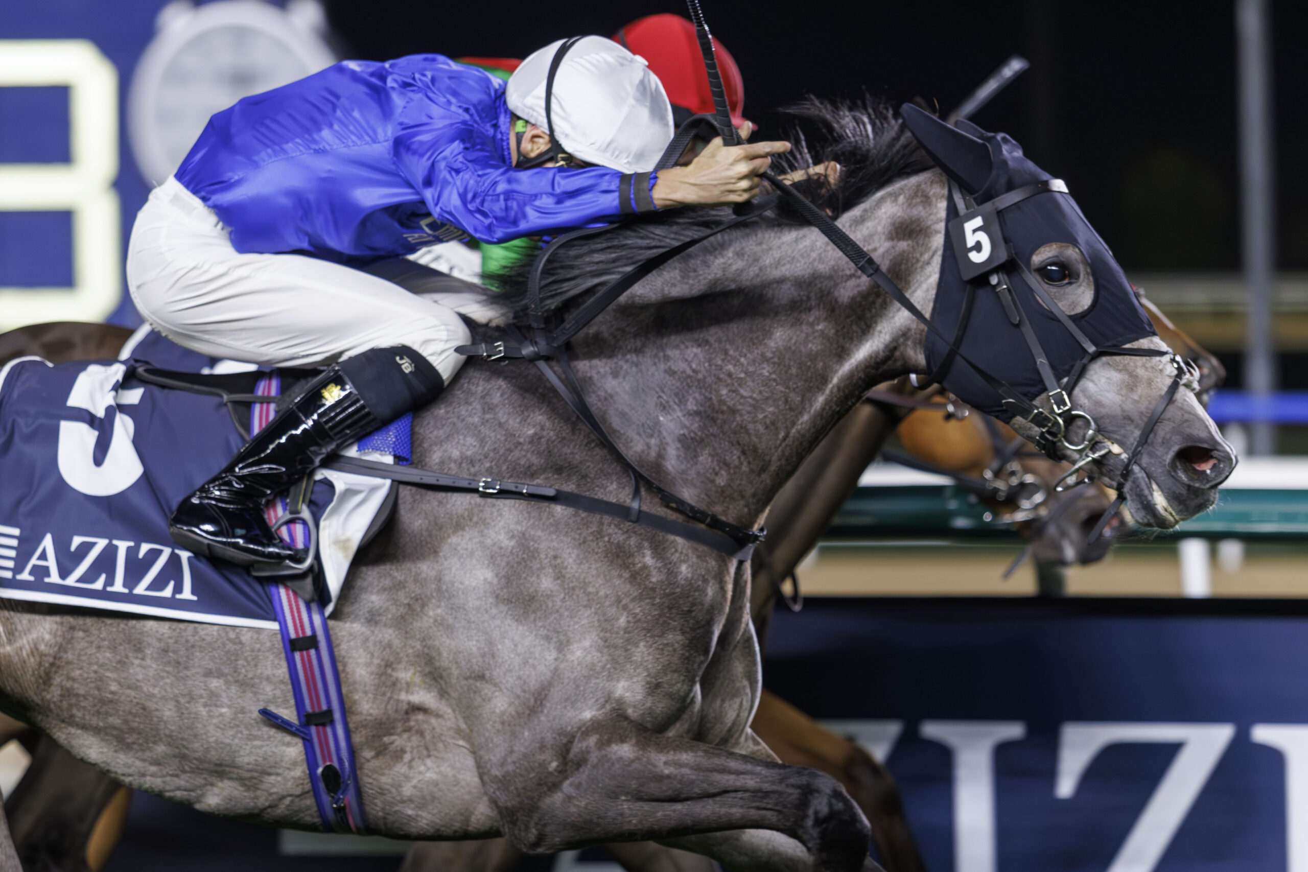 Horse racing at night, intense competition.