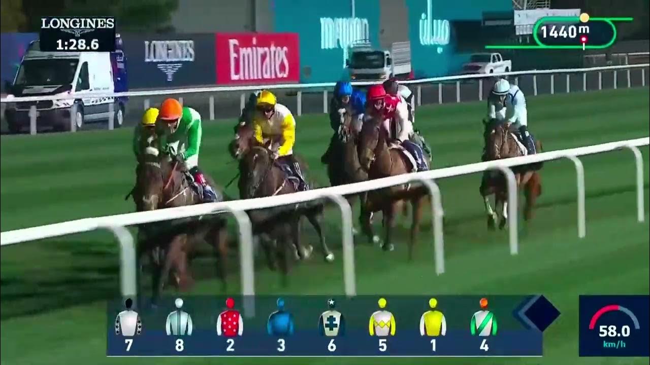 Horse race with colorful jockeys